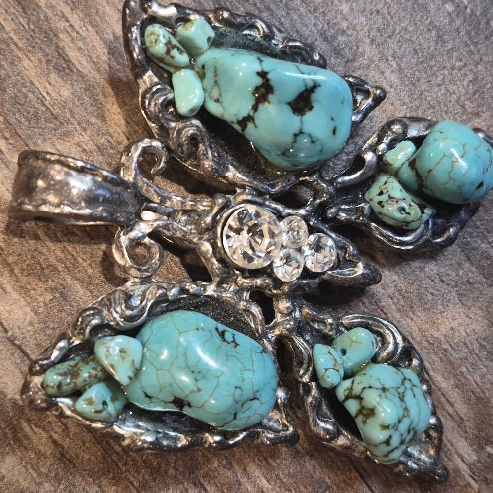 Vtg Turquoise & Rhinestone Embellished Silver Tone Butterfly Necklace Pendant - Picture 5 of 9